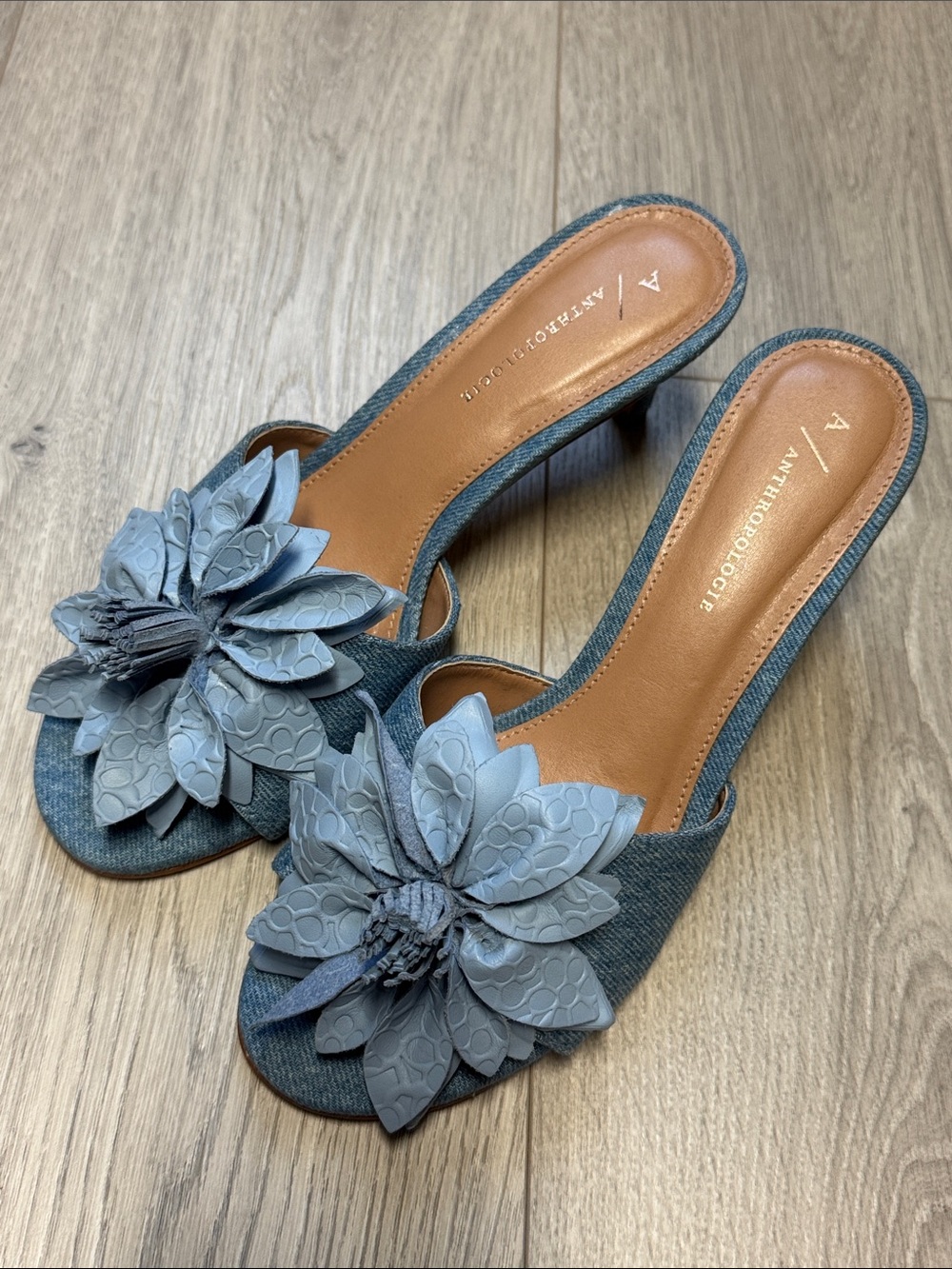 Anthropologie Blue Floral Appliqué Slide Sandals